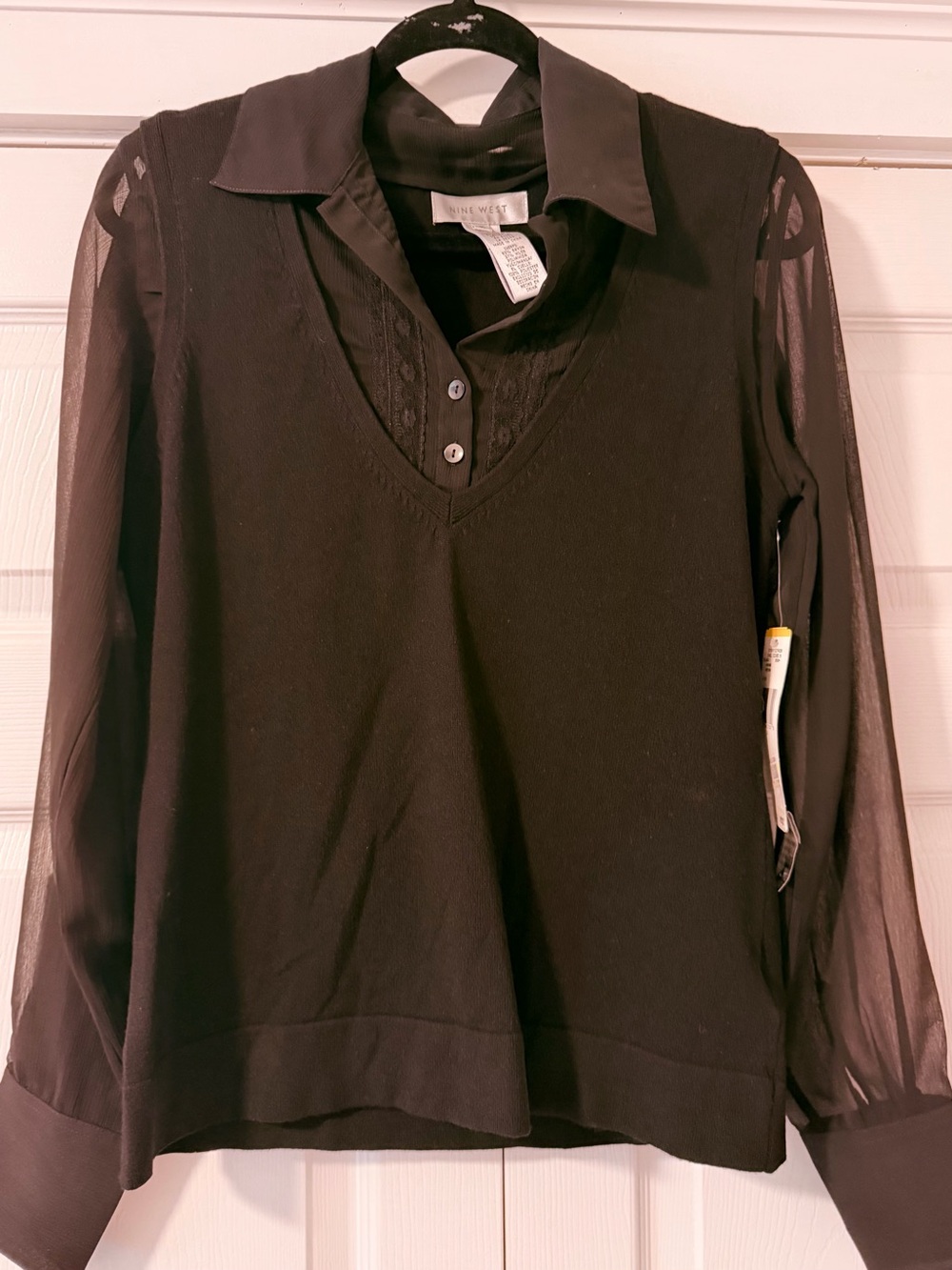 Nine West Black V-Neck Layered Blouse with Sheer Sleeves